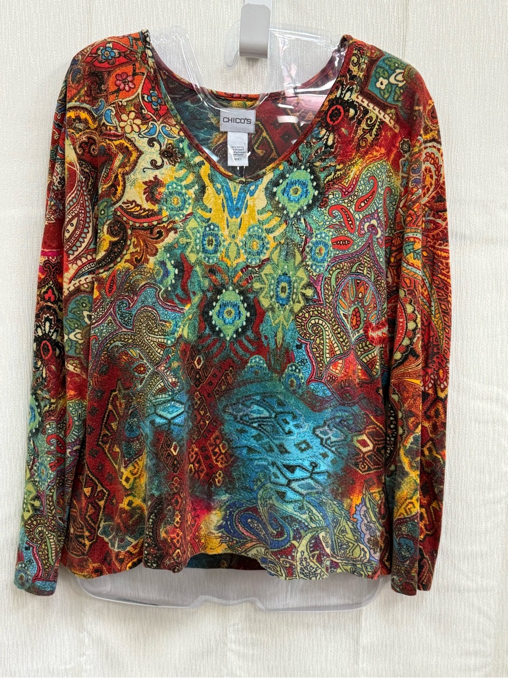 Chico's Multicolor Paisley V-Neck Long-Sleeve Top